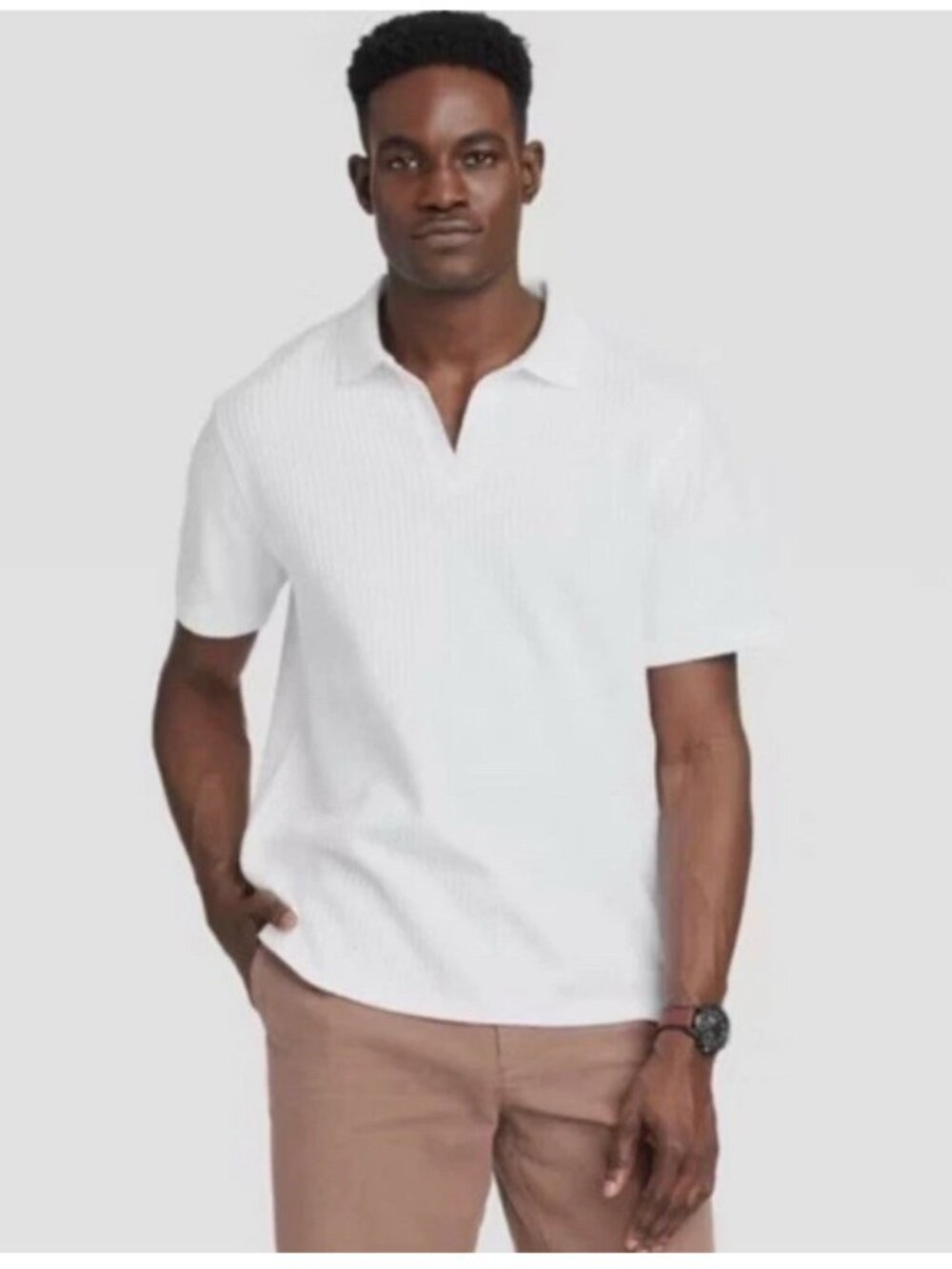 NEW Goodfellow & Co. Men's Textured Johnny Collar Polo Shirt White